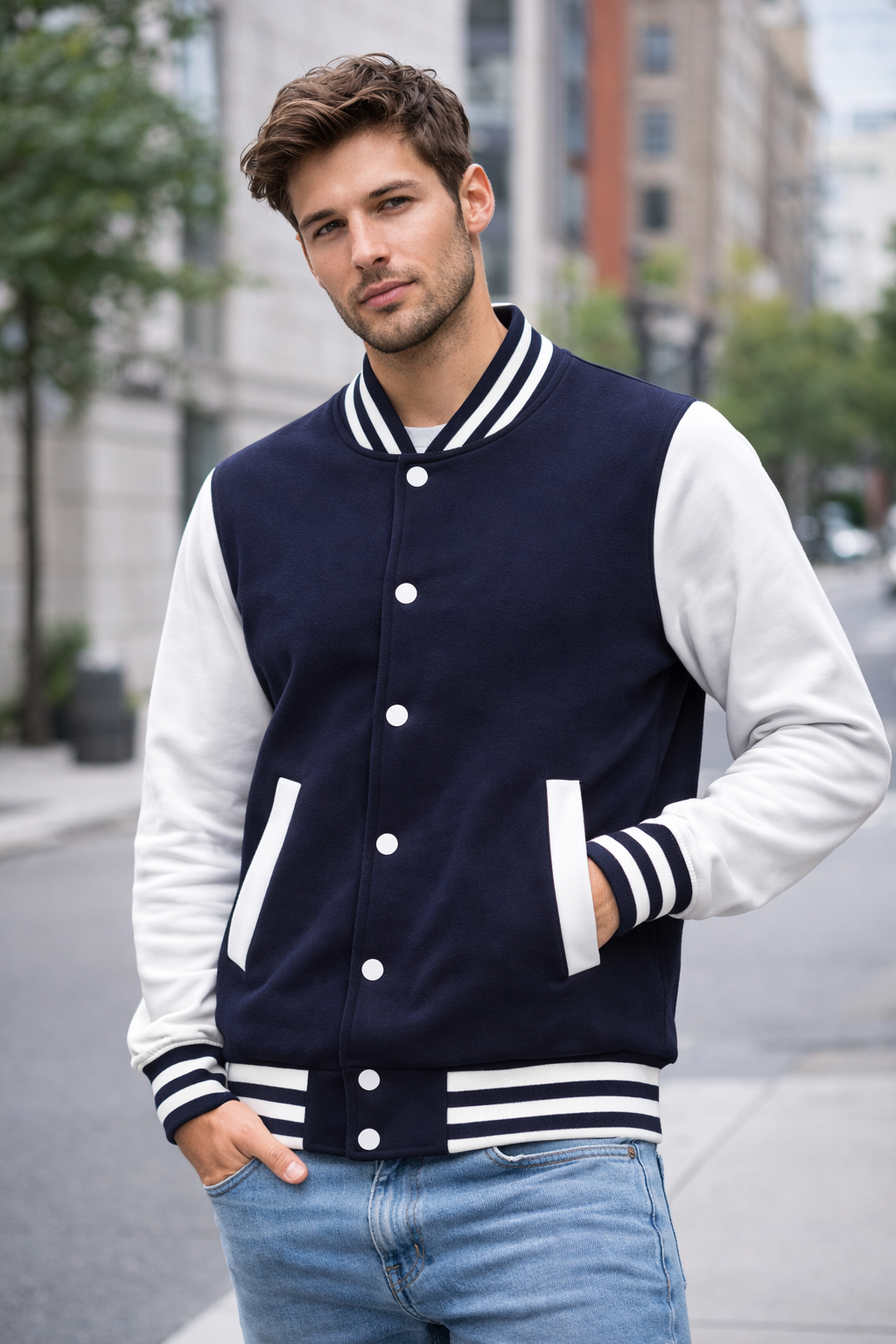 Classic Varsity Jacket – Button-Up Letterman Jacket, 80% Cotton 20% Polyester, Casual Streetwear Coat – Red, Navy, Black