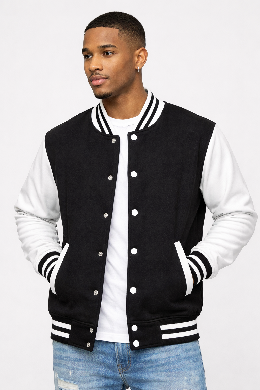 Classic Varsity Jacket – Button-Up Letterman Jacket, 80% Cotton 20% Polyester, Casual Streetwear Coat – Red, Navy, Black