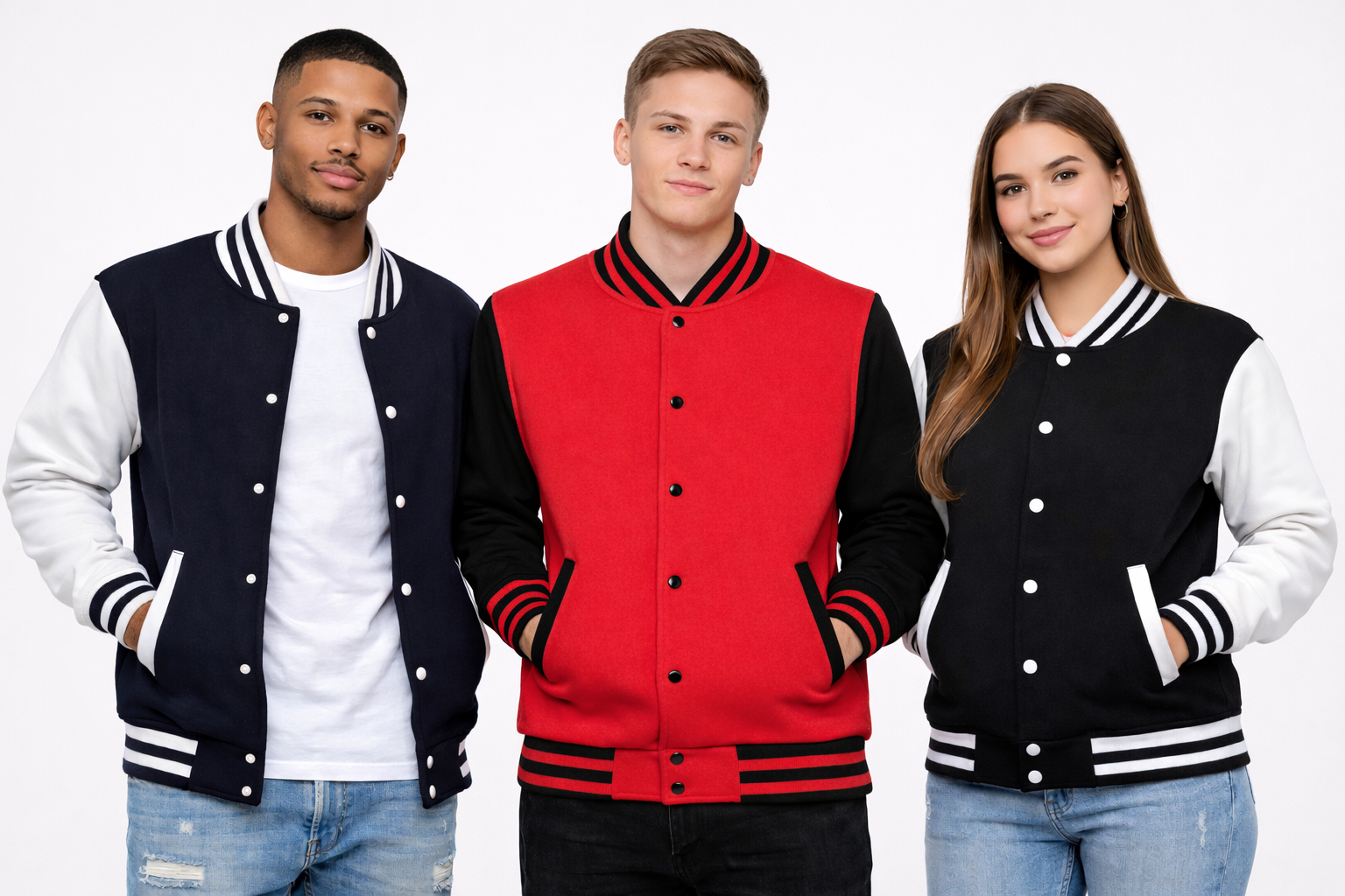 Classic Varsity Jacket – Button-Up Letterman Jacket, 80% Cotton 20% Polyester, Casual Streetwear Coat – Red, Navy, Black