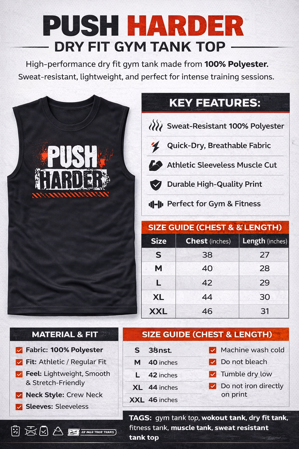 PUSH HARDER Dry Fit Gym Tank Top – 100% Polyester Sleeveless Workout Shirt
